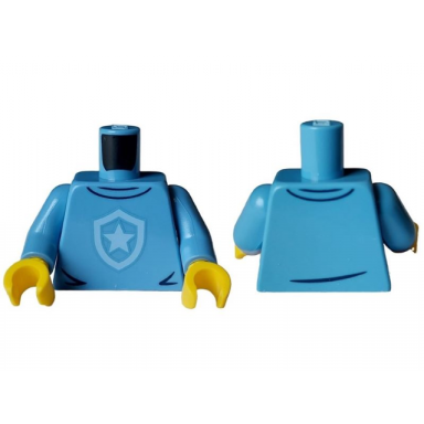 medium blue torso police shirt with bright light blue star badge logo dark blue collar and wrinkles pattern medium blue arms yellow hands