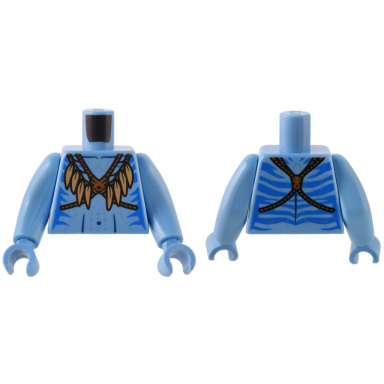 medium blue torso navi with blue markings dark orange strap with medium nougat feathers and silver spots pattern medium blue arms long medium blue hands
