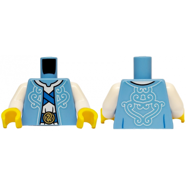 medium blue torso robe with white swirls over tunic blue straps and belt with gold buckle pattern white arms yellow hands