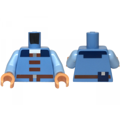 medium blue torso pixelated vest with reddish brown buttons belts with silver buckles dark blue collar and pouch pattern bright light blue arms nougat hands