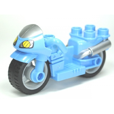 medium blue duplo motorcycle with rubber wheels windscreen and headlights pattern