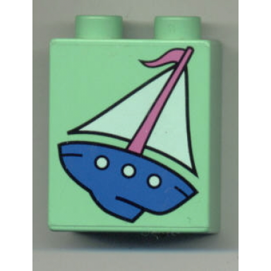 medium green duplo brick 1 x 2 x 2 with sailboat pattern
