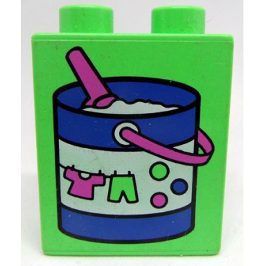 medium green duplo brick 1 x 2 x 2 with laundry pail with clothes and pink scoop pattern