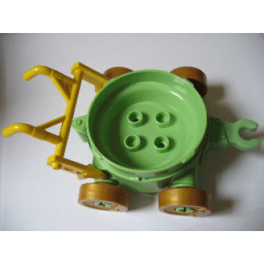 medium green duplo cart with wheels and yellow handlebars
