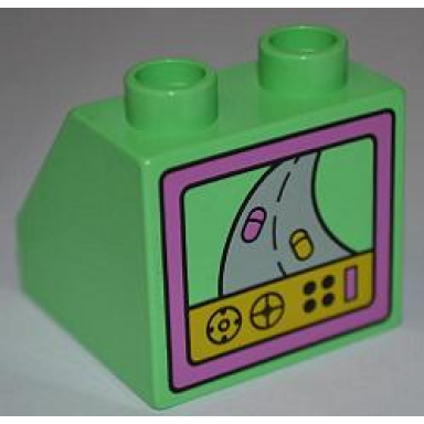 medium green duplo brick 2 x 2 x 1 1 2 slope 45 with tv screen with racing game pattern