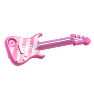 dark pink minifigure utensil musical instrument guitar electric with metallic light blue strings bridge and output jack and white diagonal stripes pattern