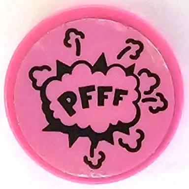dark pink tile round 2 x 2 with bottom stud holder with black pfff starburst explosion and smoke cloud pattern sticker - set 41236
