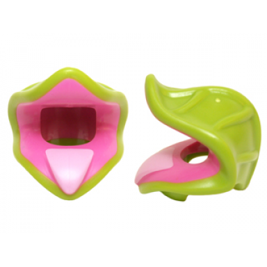 dark pink minifigure headgear head cover costume plant venus fly trap with lime leaves and bright pink tongue pattern