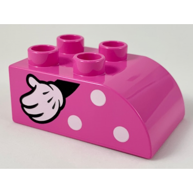 dark pink duplo brick 2 x 3 slope curved with white polka dots and left hand with glove pattern