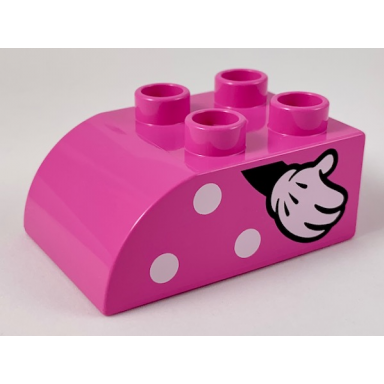 dark pink duplo brick 2 x 3 slope curved with white polka dots and right hand with glove pattern