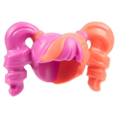 dark pink minifigure hair female pigtails high bouncy hole on top with coral hair on left side and coral tie on right side pattern bam