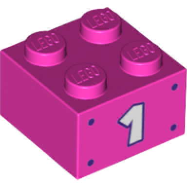 dark pink brick 2 x 2 with white number 1 and dark purple dots pattern on both sides
