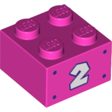 dark pink brick 2 x 2 with white number 2 and dark purple dots pattern on both sides