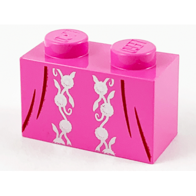 dark pink brick 1 x 2 with silver flower filigree and dark brown dress gather lines pattern