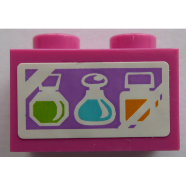 dark pink brick 1 x 2 with lime medium azure and orange bottles pattern sticker - set 41109