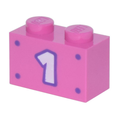dark pink brick 1 x 2 with white number 1 with dark purple outline and 4 dots pattern
