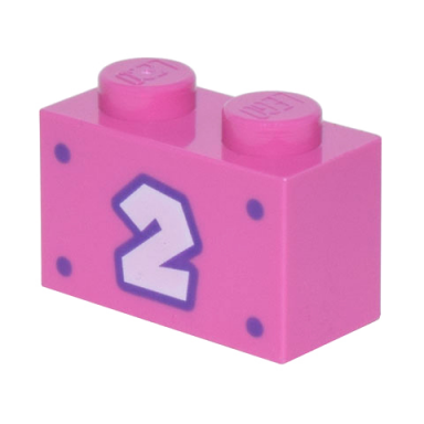 dark pink brick 1 x 2 with white number 2 with dark purple outline and 4 dots pattern