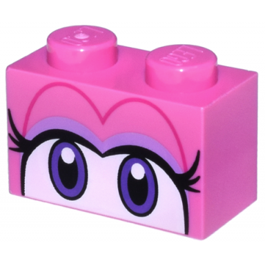 dark pink brick 1 x 2 with black and dark purple eyes on white background long eyelashes lavender eye shadow pattern super mario birdo