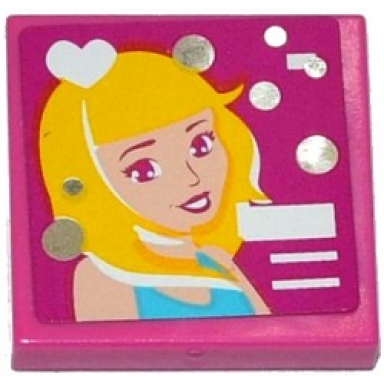 dark pink tile 2 x 2 with smiling woman white heart and silver circles pattern sticker - set 41093