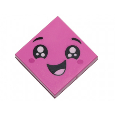 dark pink tile 2 x 2 with face smile open mouth black eyes with white pupils raised eyebrows red cheeks pattern