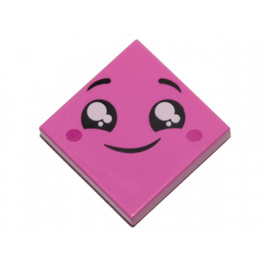 dark pink tile 2 x 2 with face smile black eyes with white pupils raised eyebrows red cheeks pattern