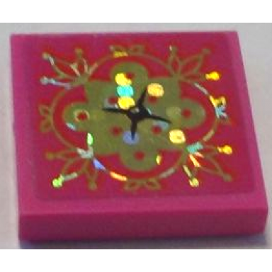 dark pink tile 2 x 2 with cushion with holographic gold flower and crowns and black button pattern sticker - set 41161