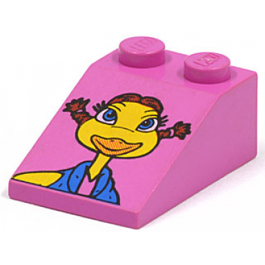 dark pink slope 33 3 x 2 with mcdonalds character with blue eyes orange beak red pigtails and yellow skin pattern birdie the early bird