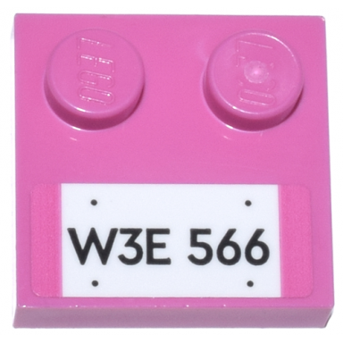 dark pink tile modified 2 x 2 with studs on edge with white license plate and black w3e 566 pattern sticker - set 77241