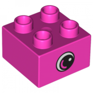 dark pink duplo brick 2 x 2 with eye small with white spot and curve pattern on opposite sides