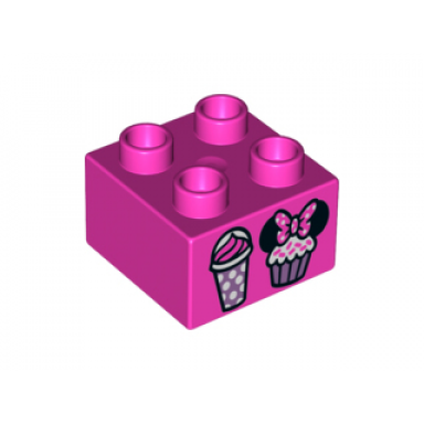 dark pink duplo brick 2 x 2 with cupcakes and mouse ears pattern