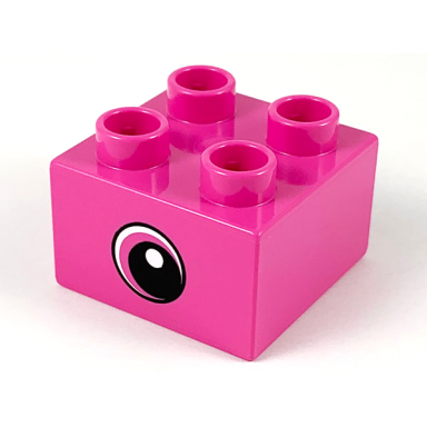 dark pink duplo brick 2 x 2 with circled black eye small with crescent and white pupil pattern on both sides
