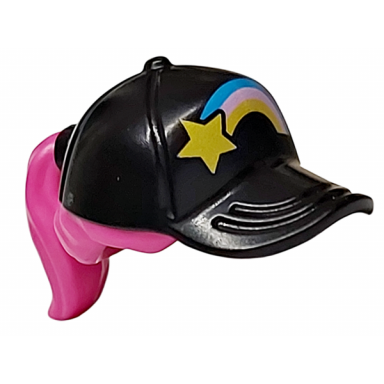 dark pink minifigure hair combo hair with hat ponytail with molded black ball cap and printed dark azure bright pink and yellow rainbow and star pattern