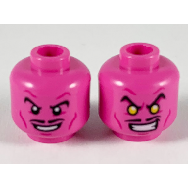 dark pink minifigure head dual sided black eyebrows and pencil moustache magenta cheek lines smile scowl with yellow eyes pattern