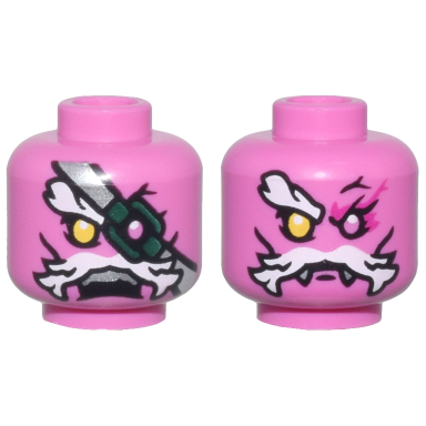 dark pink minifigure head dual sided alien with bushy white eyebrow and moustache yellow eye right dark green eyepatch with silver strap and angry open mouth with top teeth neutral with fangs and magenta eye shadow pattern
