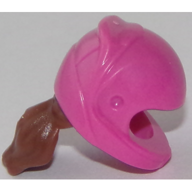 dark pink mini doll hair combo hat with hair racing helmet with molded flexible rubber reddish brown hair ponytail pattern