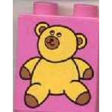 dark pink duplo brick 1 x 2 x 2 with teddy bear pattern