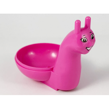 dark pink snail body with black eyebrows white eyes with eyelashes chin dimple and open mouth smile with teeth pattern