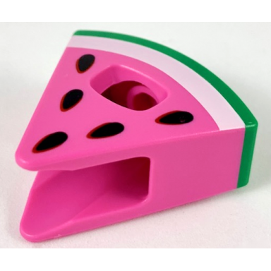 dark pink minifigure headgear head cover costume wedge slice with watermelon with green and white rind black seeds pattern