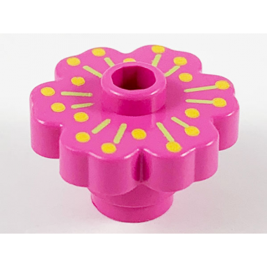 dark pink plant flower 2 x 2 rounded - open stud with medium green radiating lines and medium orange dots pattern