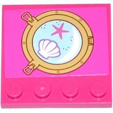 dark pink tile modified 4 x 4 with studs on edge with starfish and clam scallop in porthole pattern sticker - set 41073