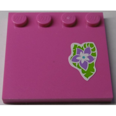 dark pink tile modified 4 x 4 with studs on edge with medium lavender flower and lime leaves pattern sticker - set 41038