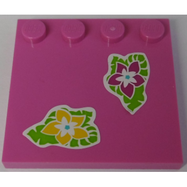 dark pink tile modified 4 x 4 with studs on edge with magenta and yellow flowers and lime leaves pattern stickers - set 41038