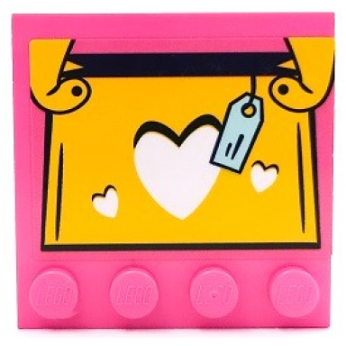 dark pink tile modified 4 x 4 with studs on edge with yellow and black handbag with white hearts and light aqua price tag pattern sticker - set 41450