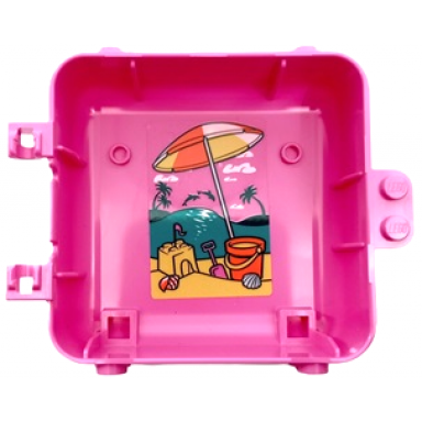 dark pink container box 3 x 8 x 6 2 3 half back with bright light yellow coral and white beach umbrella dark turquoise sea sand castle palm trees bucket and spade pattern sticker - set 41412