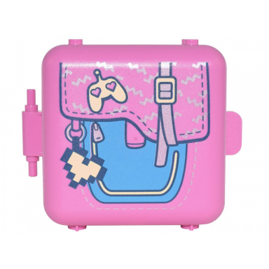 dark pink container box 3 x 8 x 6 2 3 half front with dark azure purse with strap heart game controller charm pixelated heart charm pattern