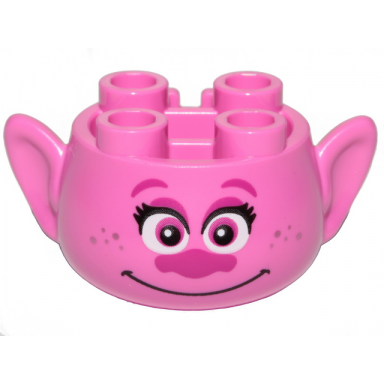 dark pink minifigure head modified trolls with magenta eyebrows eyes eye shadow and nose black eyelashes metallic pink freckles grin pattern
