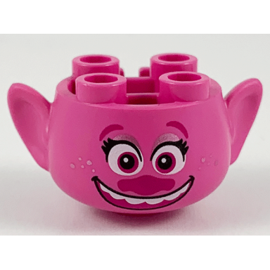 dark pink minifigure head modified trolls with magenta eyebrows eyes and nose black eyelashes metallic pink eye shadow and freckles open mouth smile with top teeth pattern