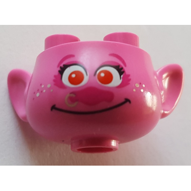 dark pink minifigure head modified trolls with magenta eyebrows eye shadow and nose black eyelashes red eyes metallic pink nose ring and freckles grin pattern