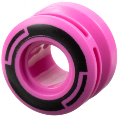 dark pink wheel 11mm d x 8mm with center groove 8 spokes and smooth side with black circle and arcs pattern
