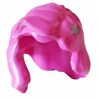 dark pink minifigure hair female mid-length with part over right shoulder with bright pink highlight and silver star pattern